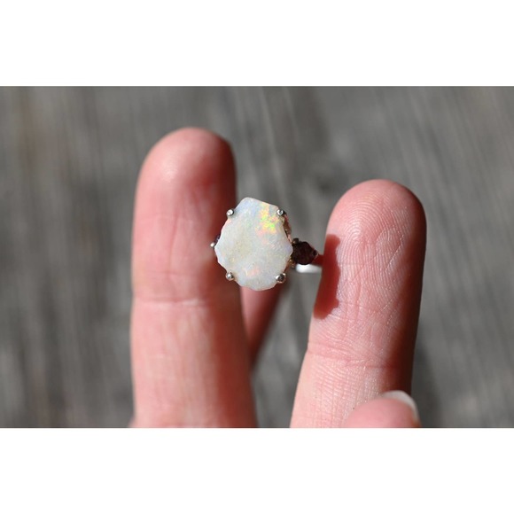 avello Jewelry - Raw Opal and sapphire Ring Rough Opal Engagement Ring Natural